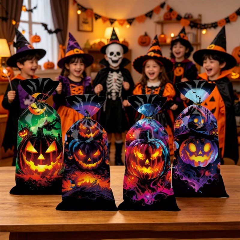 50 sacos de embalagem para doces de Halloween, sacos plásticos OPP com cordão para embalar doces e biscoitos de festas d