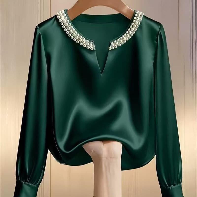 2026 cetim pérola com decote em v camisa de manga comprida elegante Commuter topo High-End moda elegante 2026 novo cetim