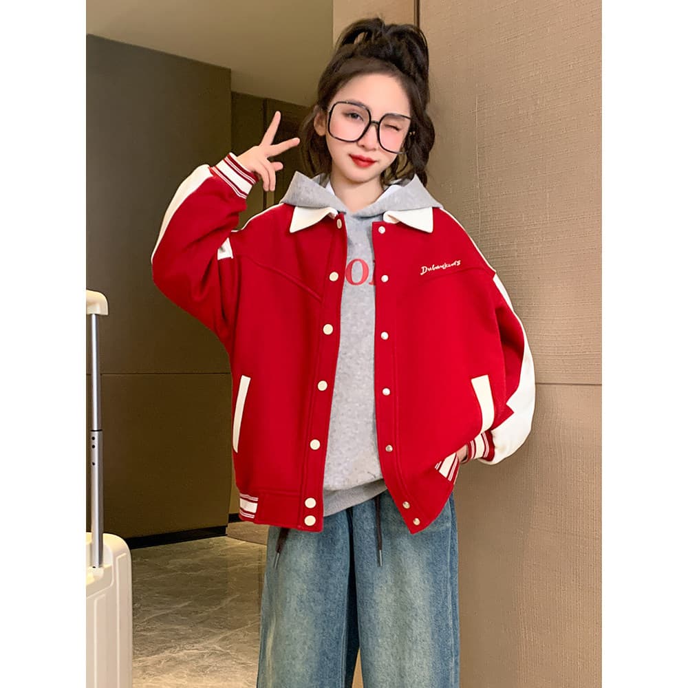 Meninas outono jaqueta Casual lapela 2024 novo estilo médio grande crianças moda cor combinando crianças topo moda manga
