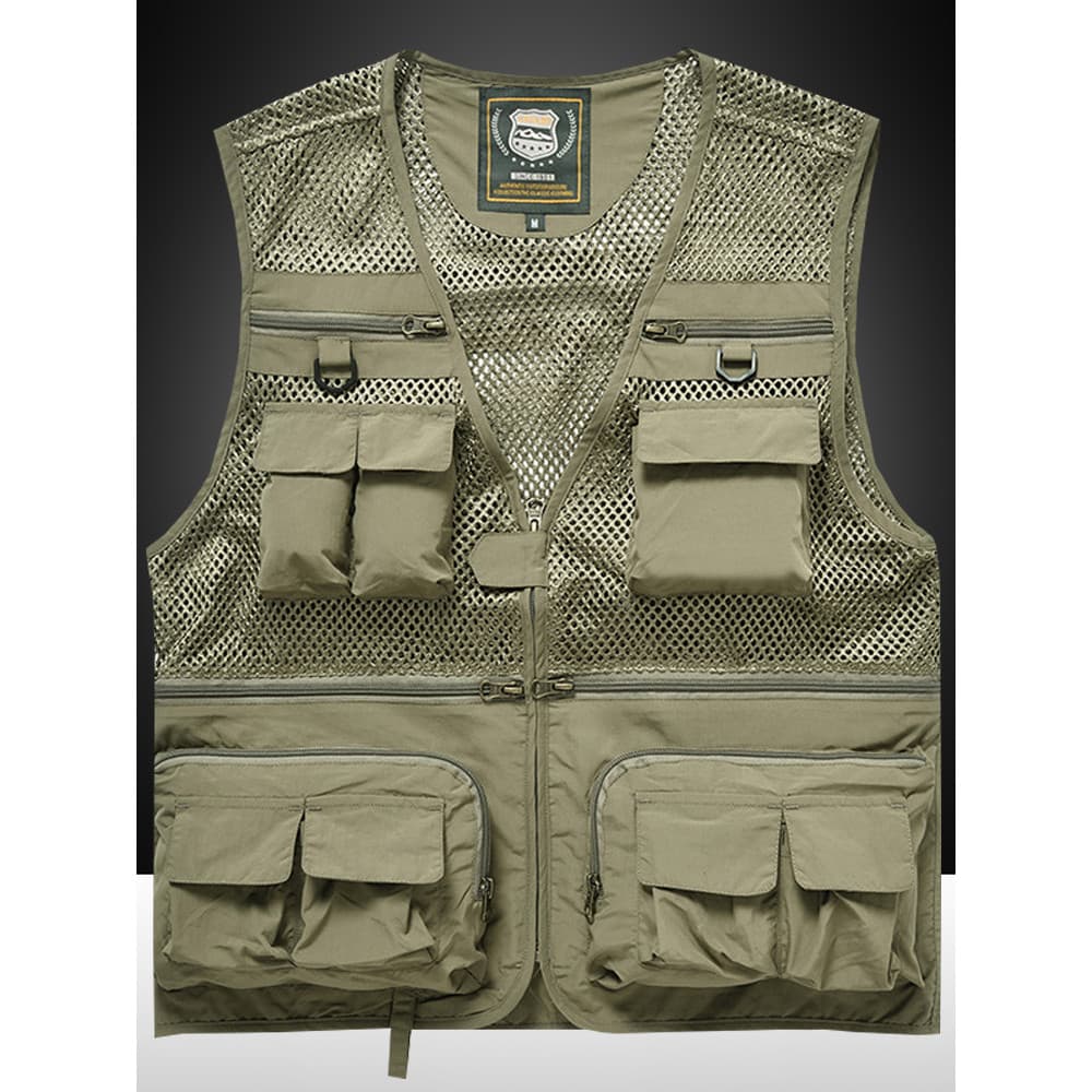 Colete de malha com vários bolsos masculino verão ao ar livre com decote em v solto estilo fino respirável colete geral