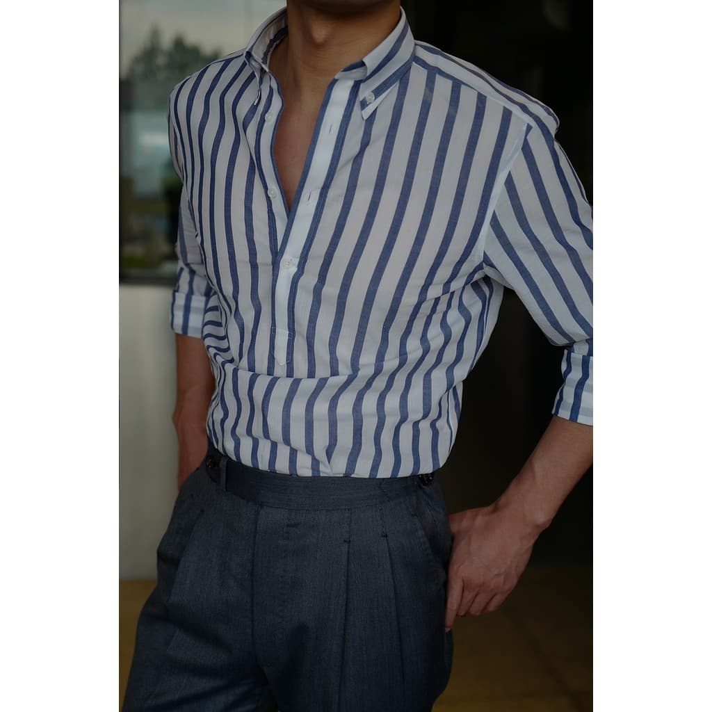 Camisa de meio cardigã listrada larga de linho de algodão ultrafino pulôver camisa Casual masculina verão