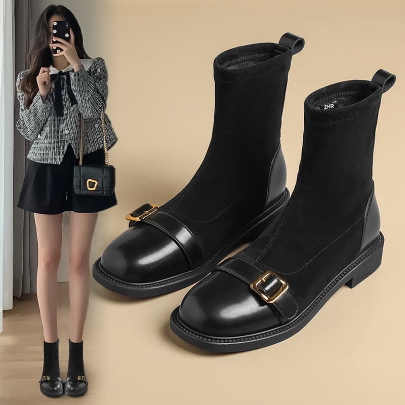 Mocassins botas curtas femininas 2026 novo estilo outono preto fino botas mais veludo sapatos femininos estilo britânico