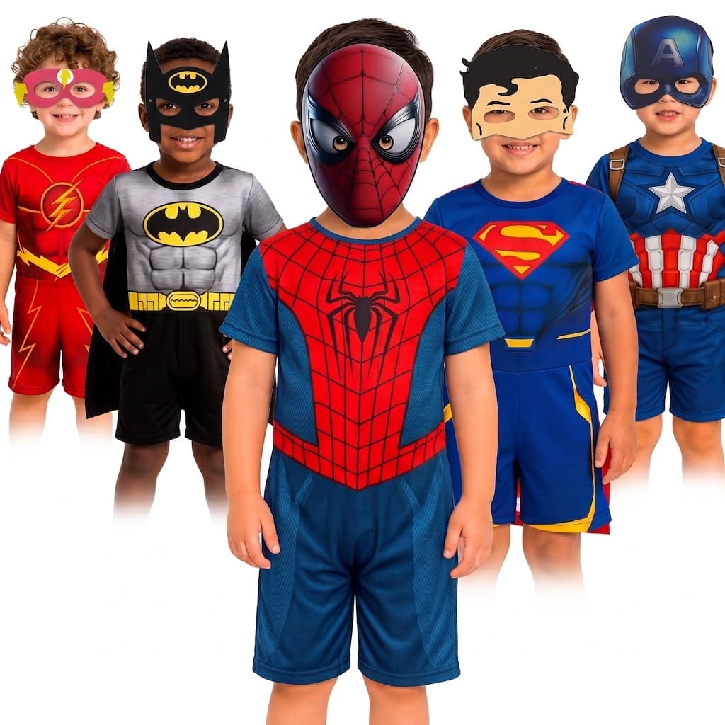 Kit 5 Fantasias Infantis Super-Heróis Menino Roupa Verão Curta Com Máscara Homem Aranha Batman Capitão América Flash