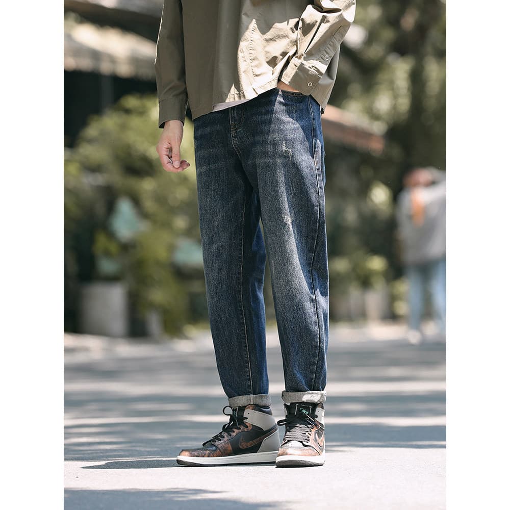 Americano Retro lavado etiqueta Scratch Jeans masculino Street Wear primavera outono solto em linha reta Casual magro Ha