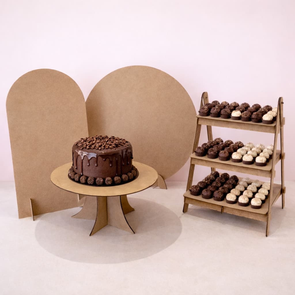 kit Mini Festa Mesa Painel Redondo Mdf + Arco Romano + Boleira + Escadinha Porta Doce Lembrancinha