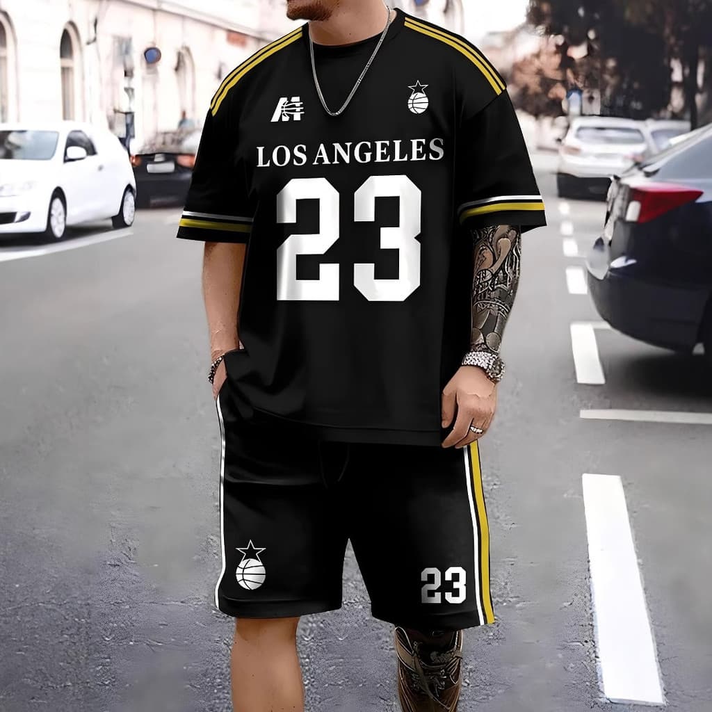 Conjunto masculino folgado de duas peças com estampa digital 3D, composto por camiseta de manga curta e calça jogger, ca