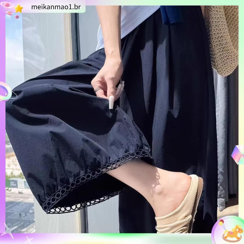 Preto gelo seda oco rendas Bloomers feminino verão 2026 novo estilo solto mais magro olhar de secagem rápida balão calça