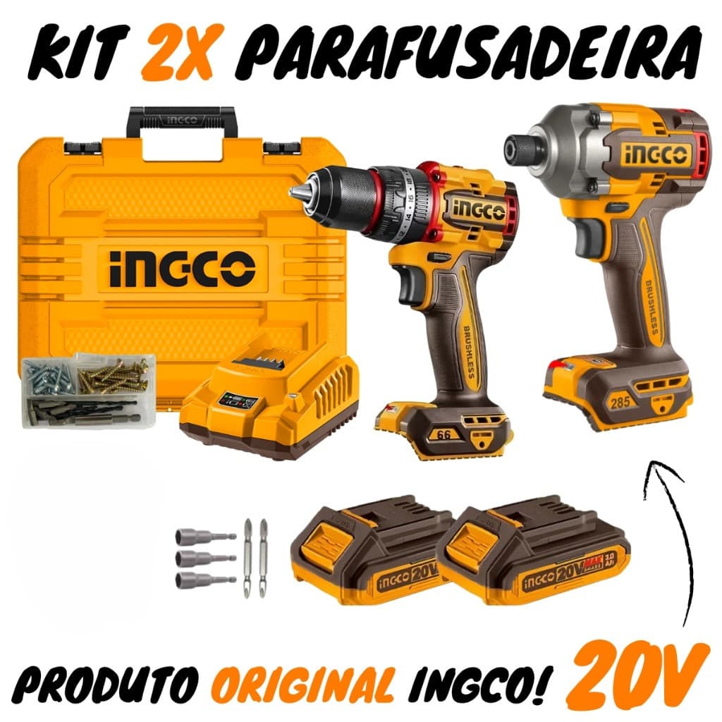 Combo Parafusadeira + Chave de Impacto 20V INGCO 285Nm 66Nm 2 Baterias Maleta Kit Completo