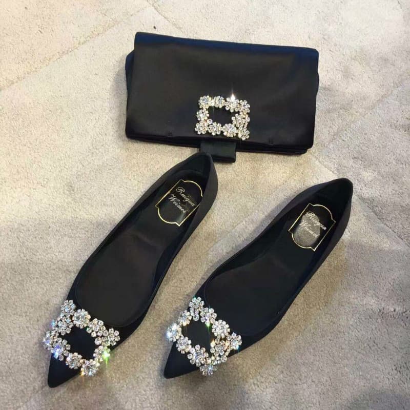 2023 outono novo estilo cetim strass fivela quadrada sapatos planos dedo do pé apontado floco de neve fivela quadrado di