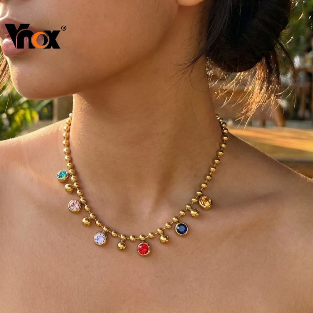 Colar Banhado a Ouro Vnox para Mulheres, Incrustado com Zircônia Colorida e Pérolas, Pingente Kwintas, Joia para Festa Q