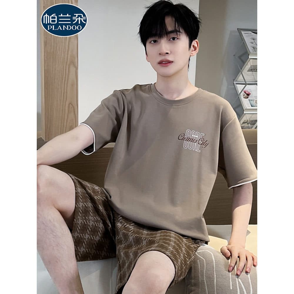 Pijamas masculinos verão 2026 fino Shorts de manga curta puro algodão juventude pulôver masculino verão Casual Homewear