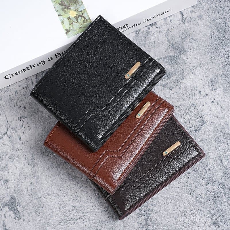 [Promoção] Nova Carteira Masculina, Estilo Curto, Carteira Casual Elegante de Couro Macio com Padrão de Lichia, Múltiplo