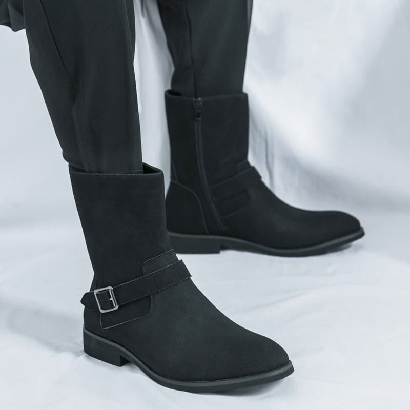 Botas Masculinas De Camurça De Cano Médio Com Zíper Lateral E Fivela Casual Para Motociclista