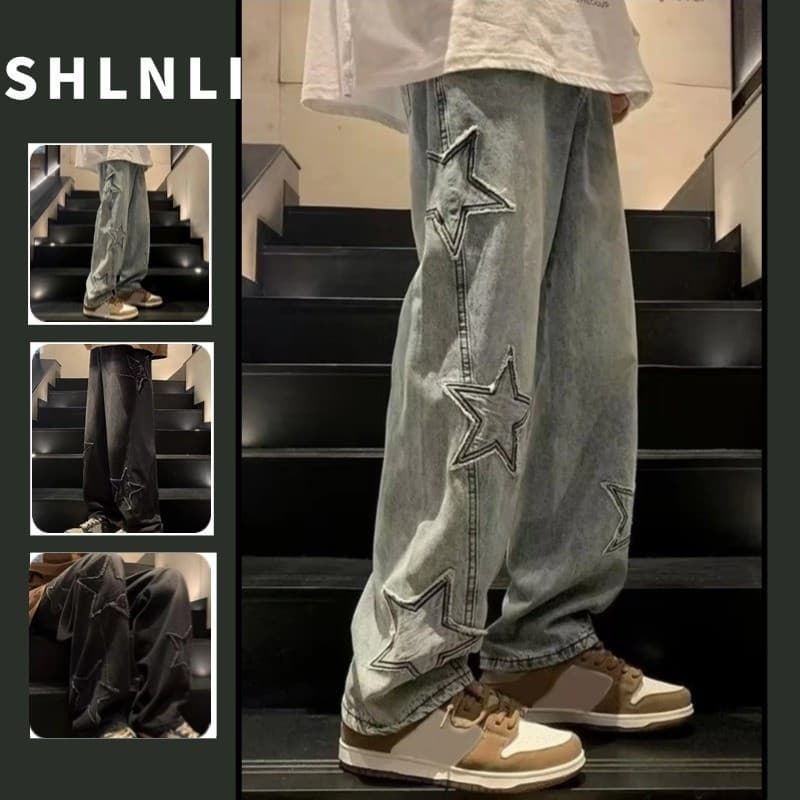 Calça Jeans Masculina Americana Solta Perna Larga Primavera Verão Estilo Ins Versátil Tubo Reto Estrela Bordada