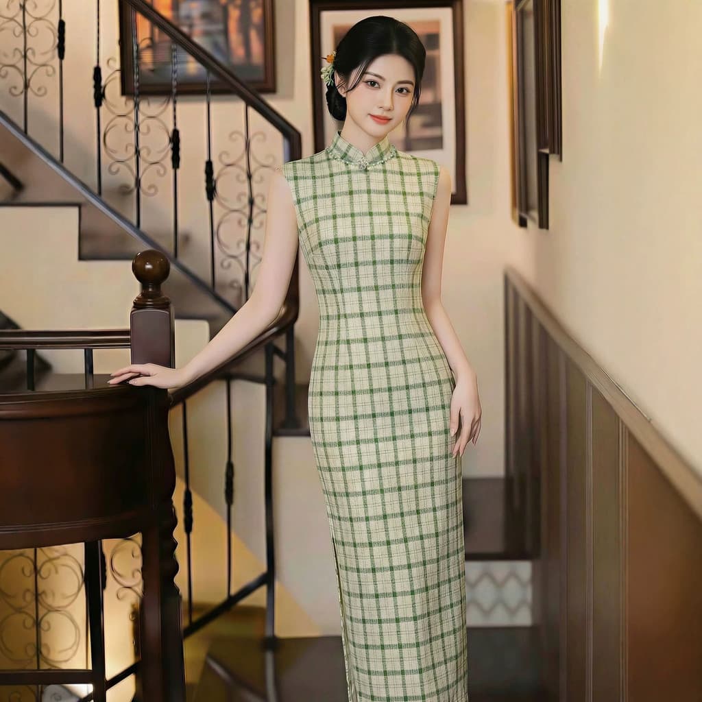 Retro verde xadrez 2026 melhorado Cheongsam feminino gola alta sem mangas longo mais magro olhar novo estilo chinês vest