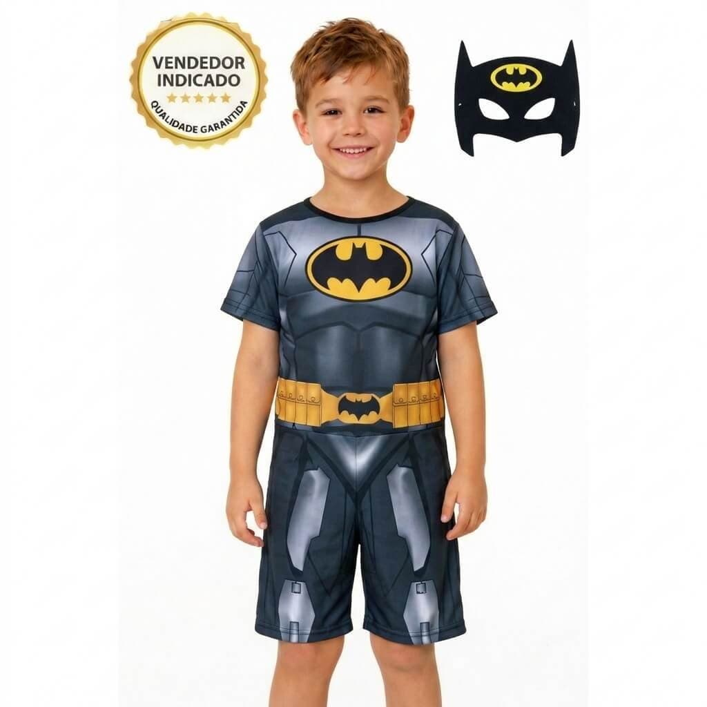 Fantasia Infantil Batman Menino com Máscara Conjunto Herói Camiseta e Shorts para Festa Carnaval Presente