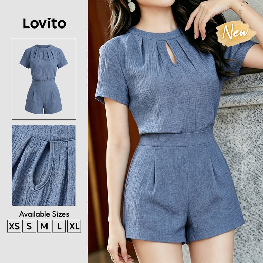 (New Arrival) Lovito Elegante Macacão Plissado Primavera/verão Azul Macacão Feminino JRK9TD028