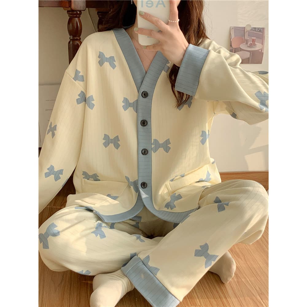 Pijamas de manga comprida feminino primavera outono estilo arco solto tamanho grande gordura mm100kg mais gordura Extra