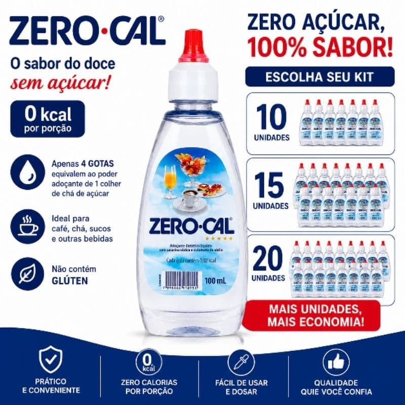 Adoçante Zero-Cal Líquido 100ml Kit Econômico 10 15 ou 20 Unidades