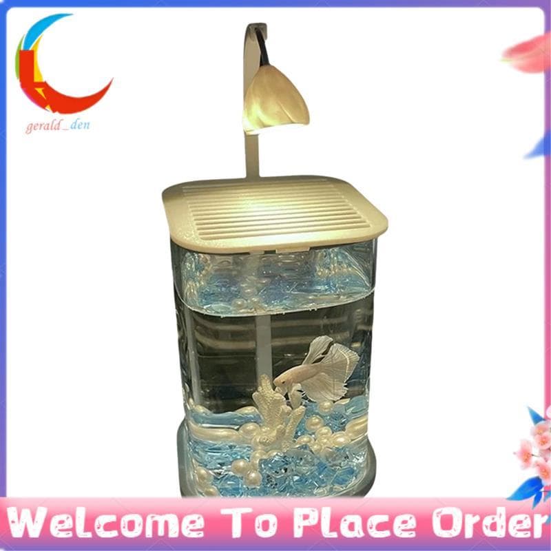 Mini Vidro Aquário Tanque De Peixes Desktop Ornamentos Luz LED High-End Lâmpada Ornamental Mar Azul Gelo Esmagado