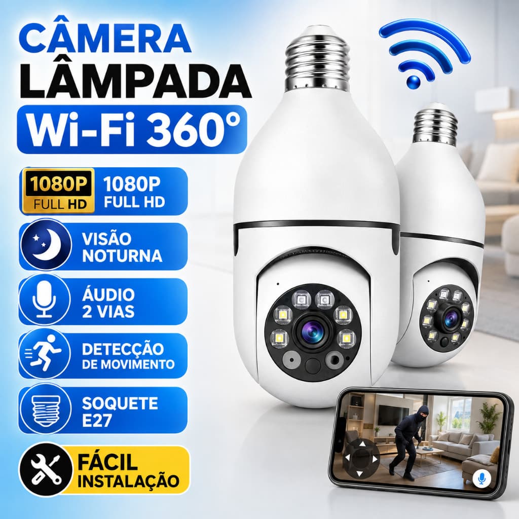 Câmera segurança wi-fi ip sem fio  encaixe lampada aplicativo ptz full HD visão noturna