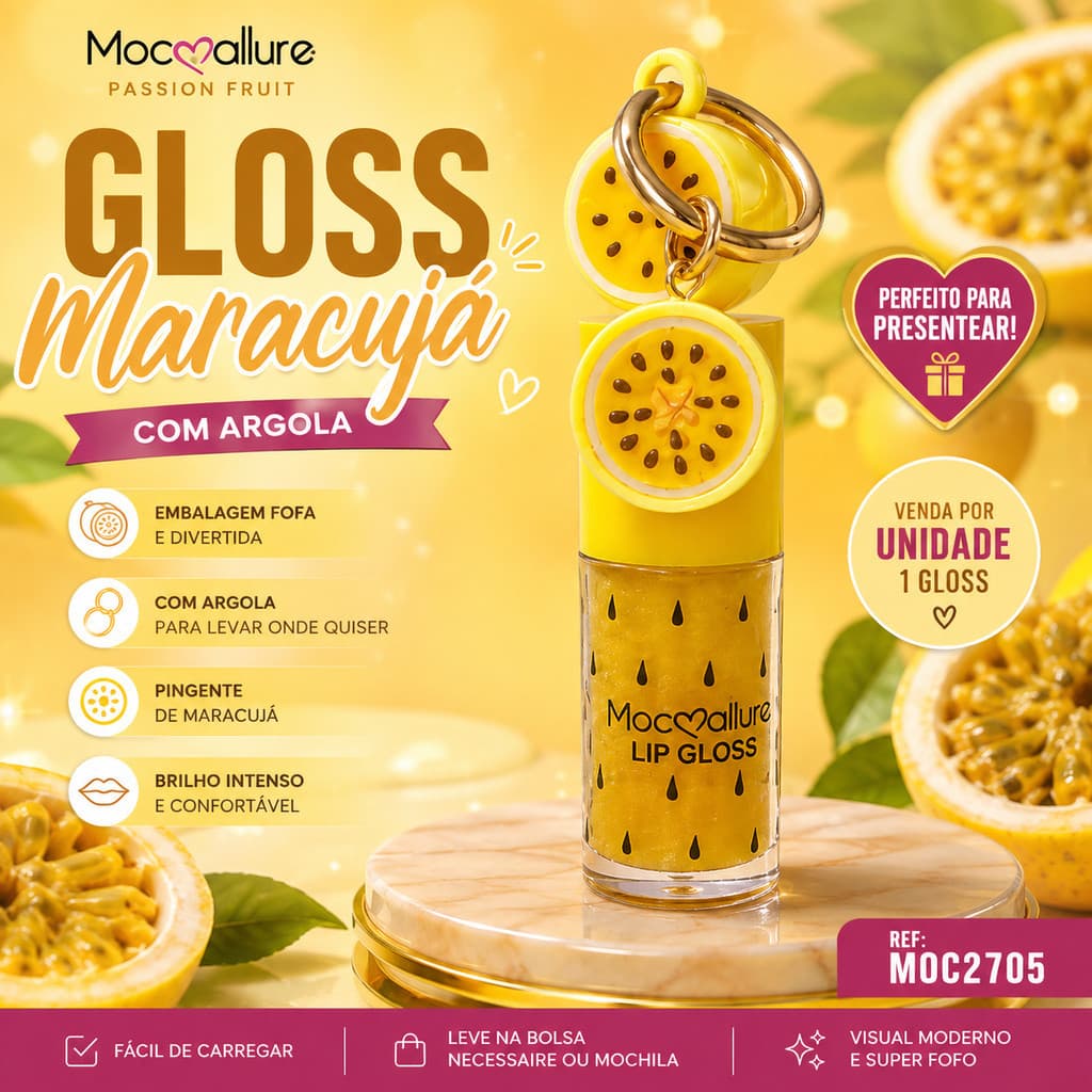 GLOSS LABIAL MOCMALLURE MARACUJÁ COM PINGENTE E ARGOLA