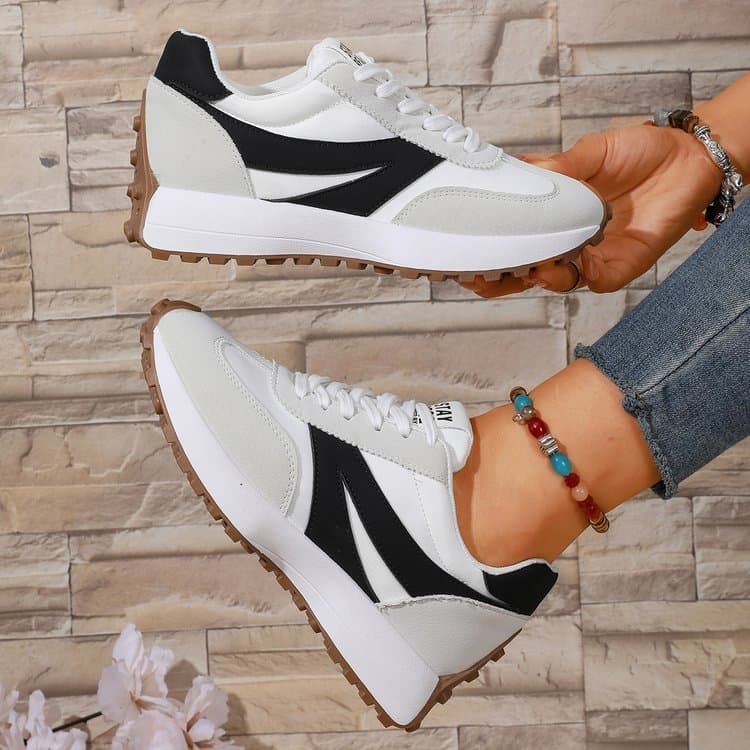 Sapatos casuais retrô femininos de salto cunha, sapatos de seta preta cinza branco, calçados esportivos com aumento de a