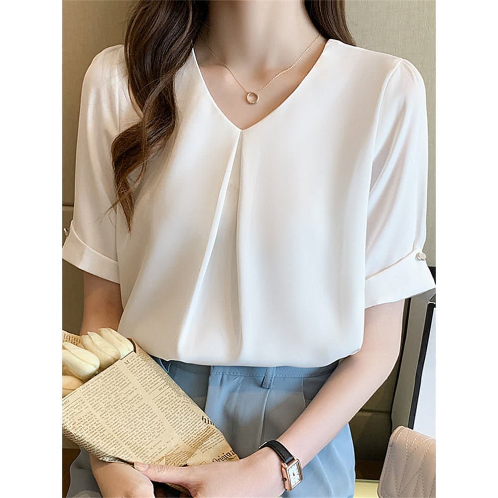 Camisa de Chiffon branco feminina de manga curta 2026 novo estilo verão versão coreana solta mais magro olhar capa barri