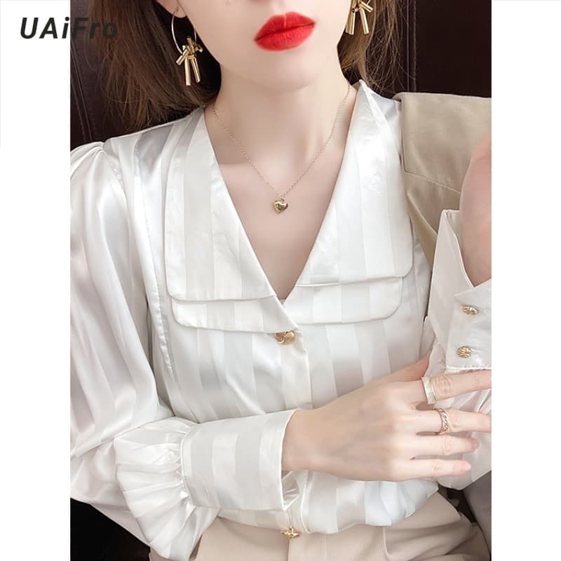Camisa retrô estilo Hong Kong com gola de boneca, roupa externa feminina, outono inverno, luz, estilo maduro, manga comp