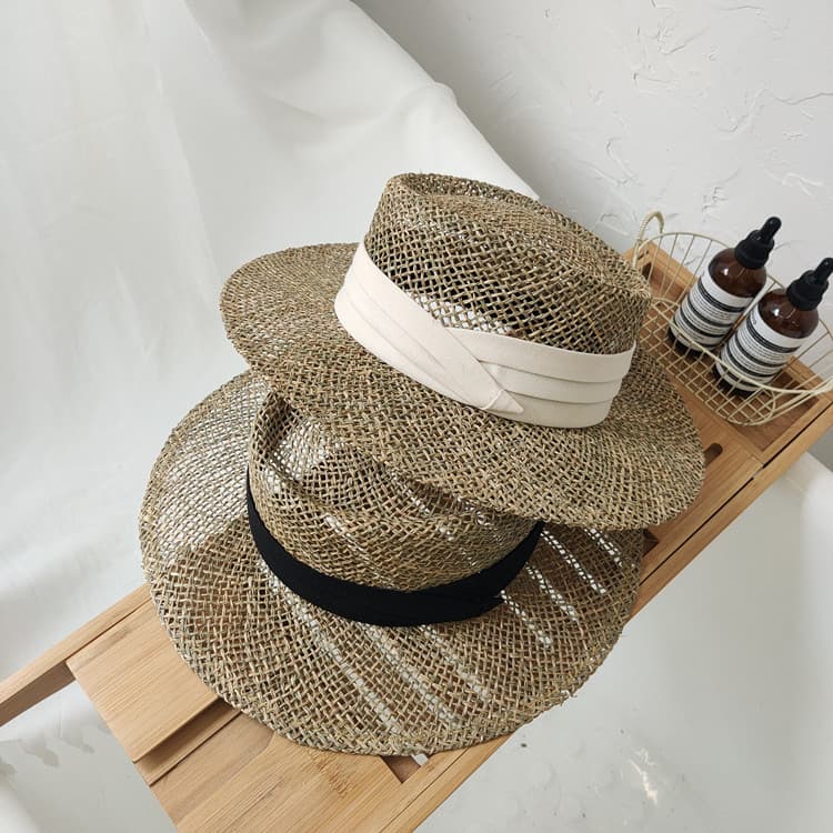 Europeu americano novo estilo mão-tecido Seagrass chapéu de palha feminino verão oco respirável chapéu de sol plana chap