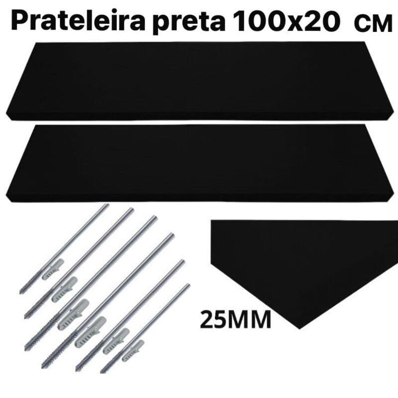 Prateleiras Mdf 100x20 Perfil Grosso 3CM Preta com Suporte para Fixação