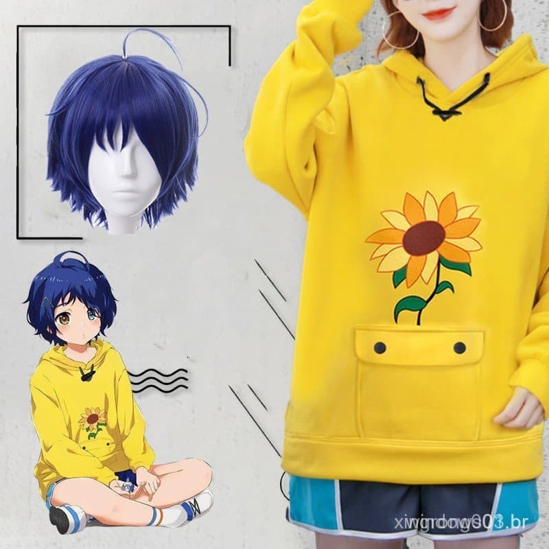 Fantasias de Cosplay de Anime Wonder Egg Ohto Ai, Moletom Amarelo Bordado, Shorts para Meninas, Peruca, Meias, Presilha
