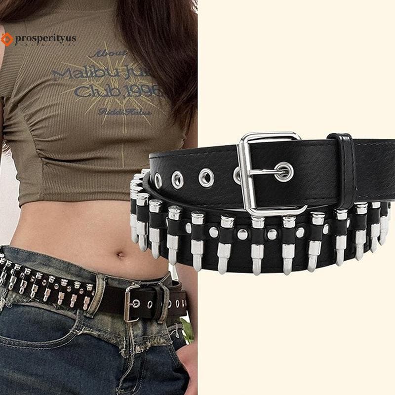 [PPTS] Cinto De Decoração De Bala Oca Com Rebite Fashion Couro Cravejado Gótico Ro Selvagem Ajustável Feminino Punk Bla