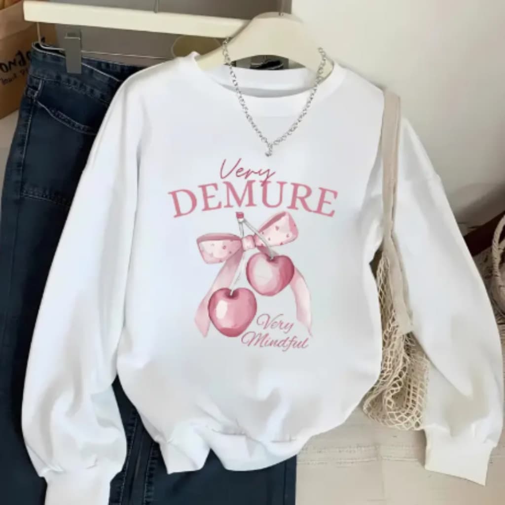 Blusa Moletom Gola Redonda Feminino Minimalista Demure Cereja Laço Coquette Algodão