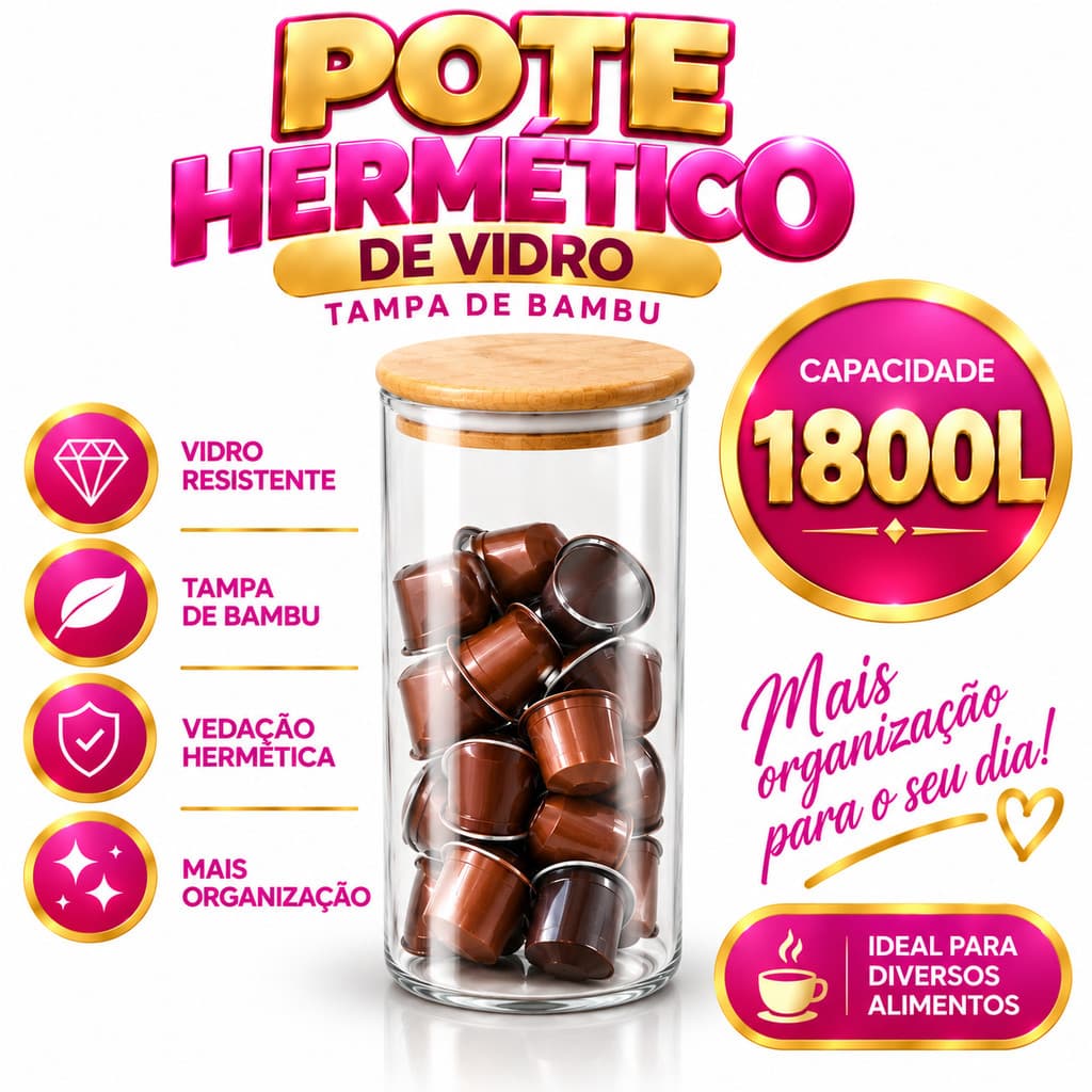 Pote De Vidro para Mantimentos com Tampa Bambu Pote Para Temperos Pote Hermético 1.800L