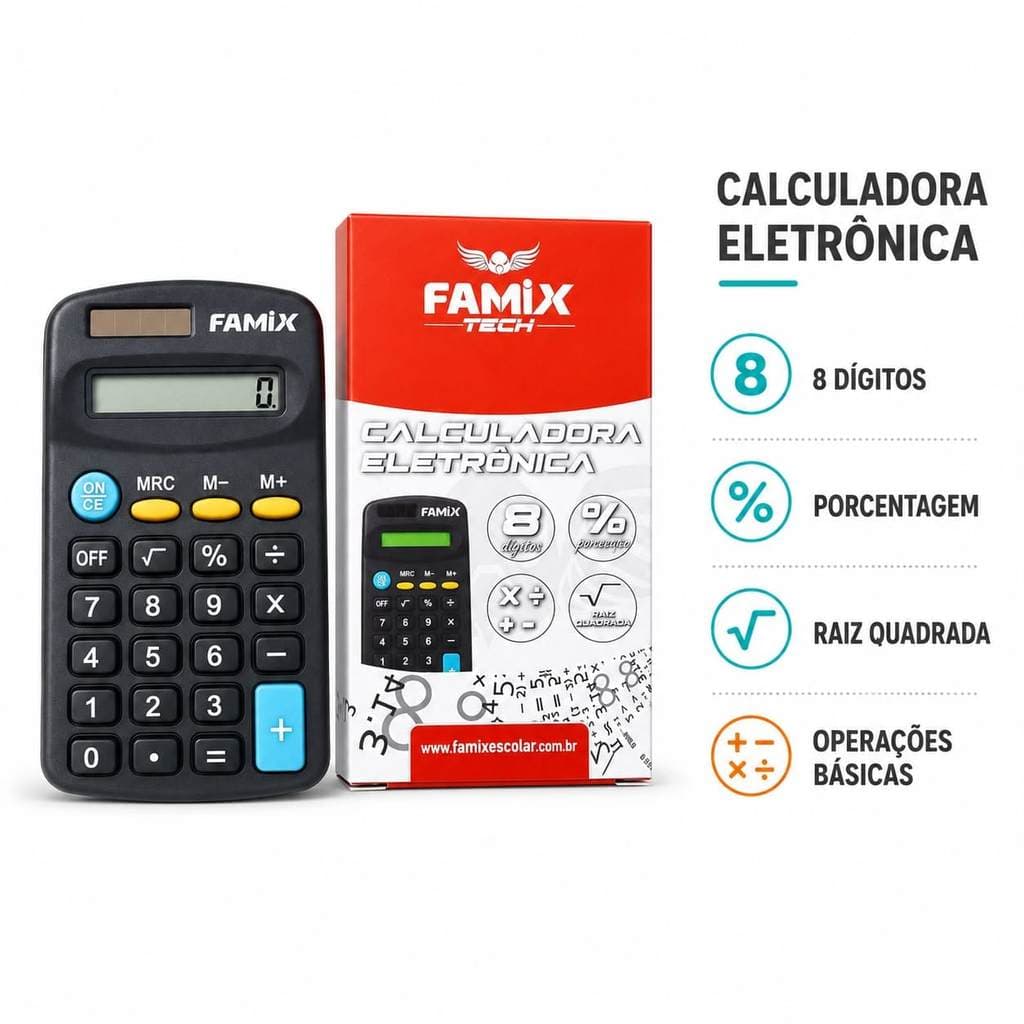 Mini Calculadora Solar Famix 8 Dígitos Portátil Compacta Raiz Quadrada e Porcentagem