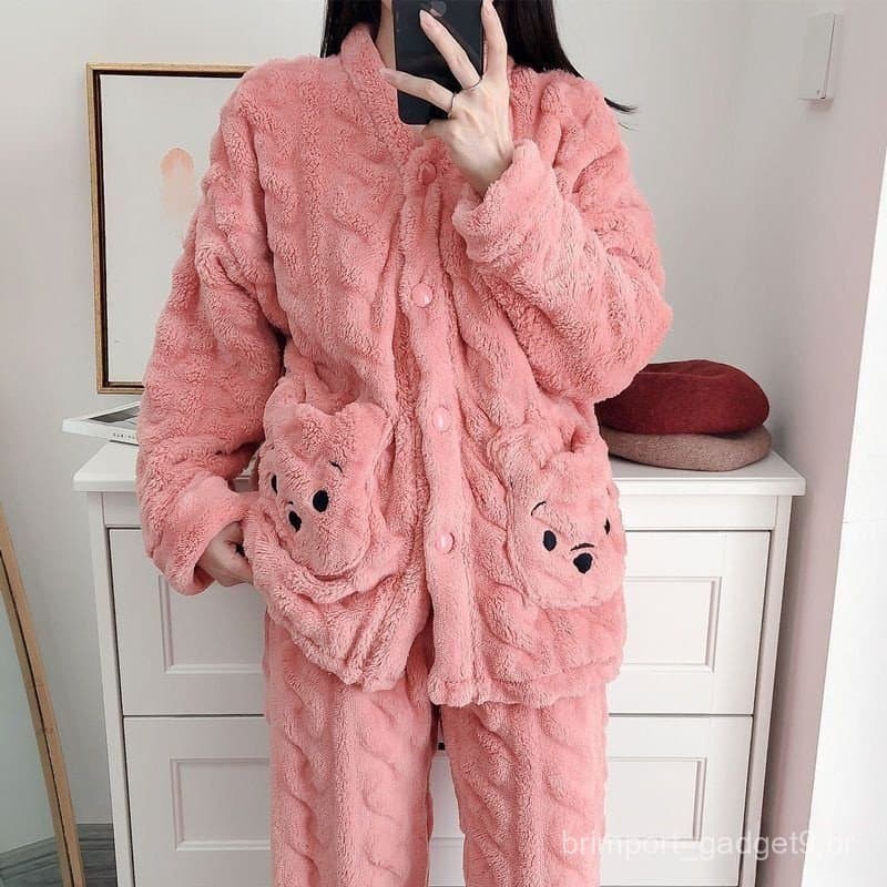Pijama Feminino de 2 peças de Pijama de Outono Inverno Pijama Feminino de Lã de Coral Pensando Roupa de Estudante Cartoo