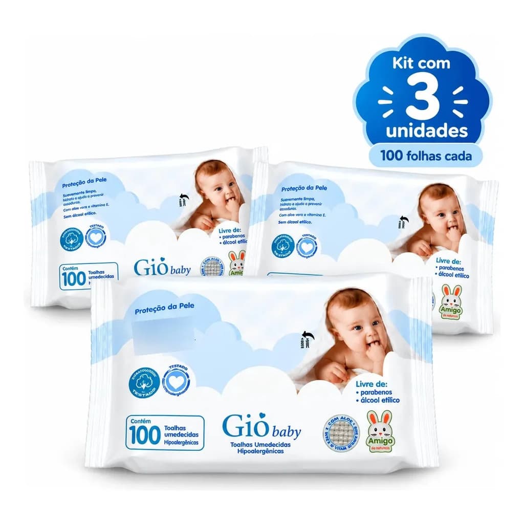 Kit 3 Lenços Umedecidos Gio Baby Hipoalergênicos 100 Folhas
