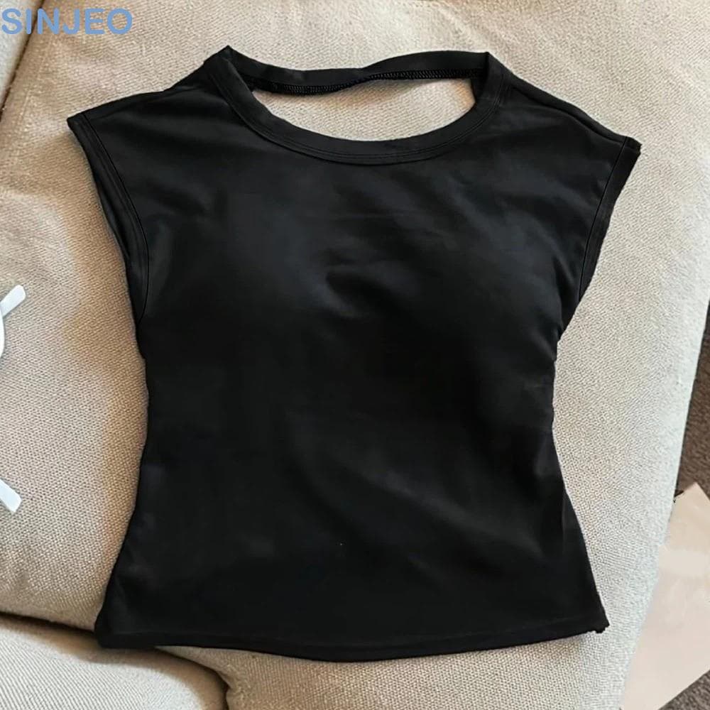 Desce Camiseta Feminina , Tops Curtos Finos Com Costas Bonitas , Camisa De Fundo Streetwear , Gola Redonda , Sem Mangas
