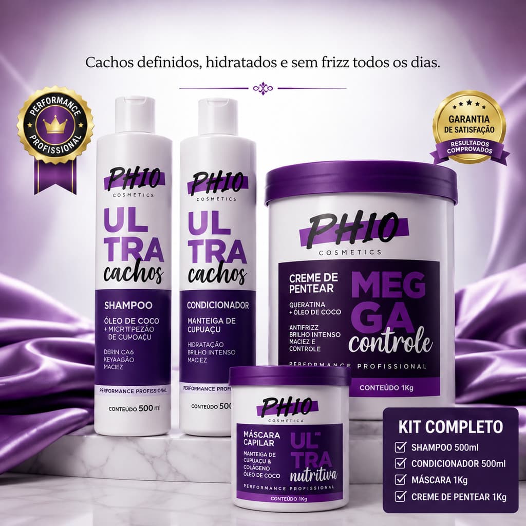 Kit PH10 Ultra Cachos Shampoo Condicionador Máscara 1kg + Creme de Pentear Mega Controle 1kg