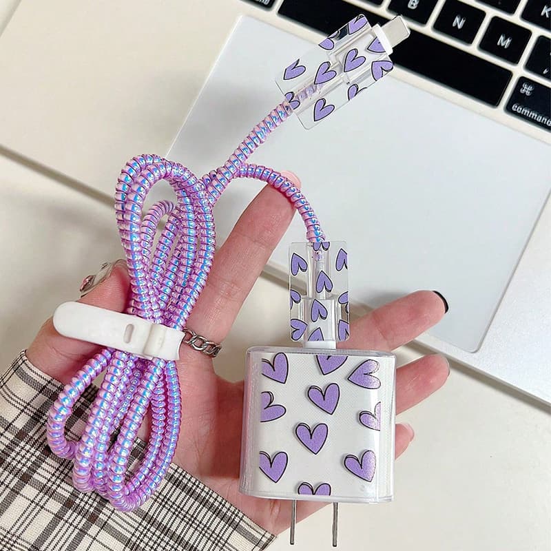 Capa Compatível Com iPhone 16 15 14 , Enrolador De Cabo De Dados , Protetora , Roxo , Amor , Coração , Padrão Para Carre