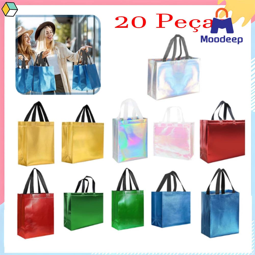 20 sacolas para presentes com alça, sacolas elegantes, sacolas holográficas, adequadas para o trabalho, compras, praia