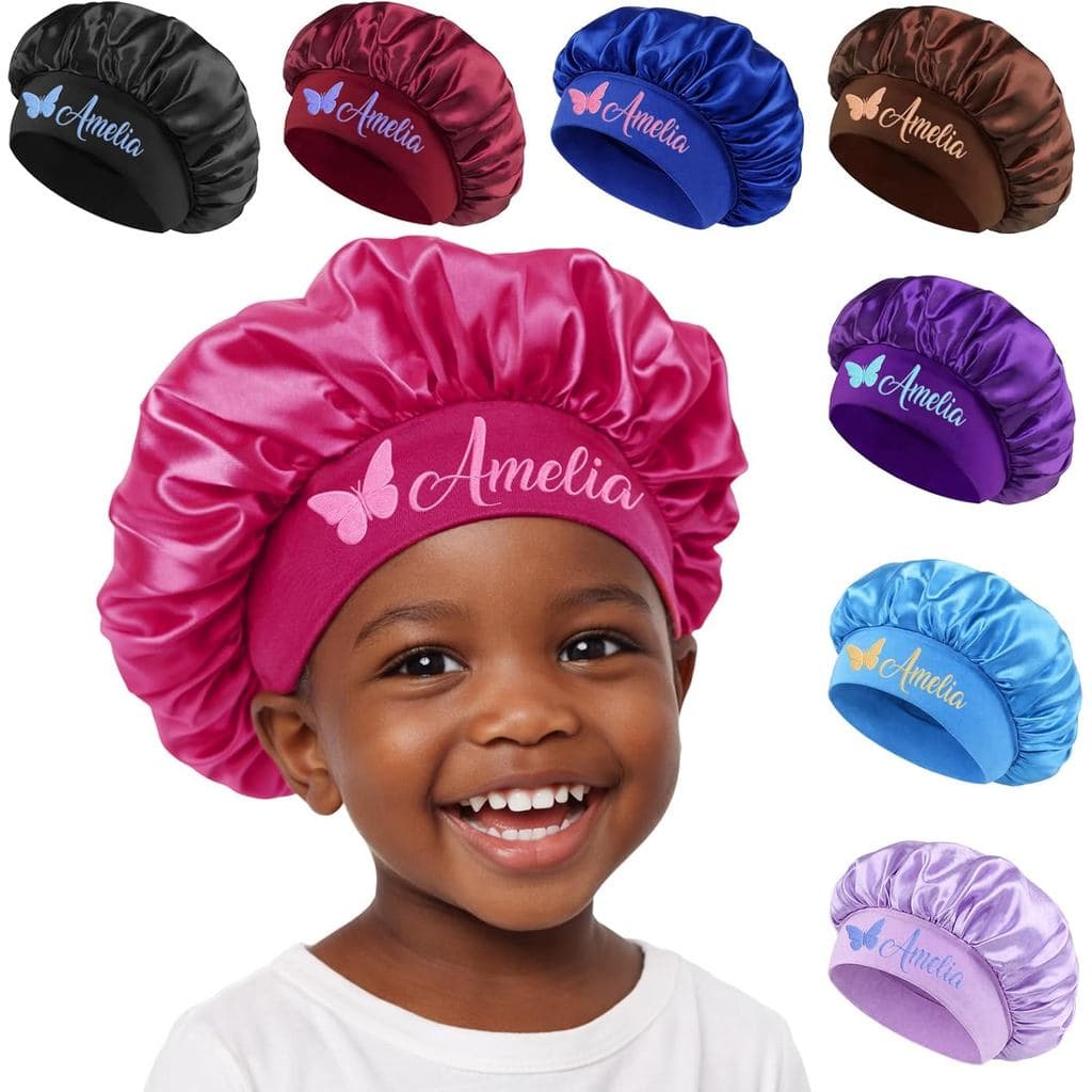 Touca de Seda Personalizada para Meninas, Toucas de Cetim para Crianças com Nome Personalizado, Touca para Cabelos Cache