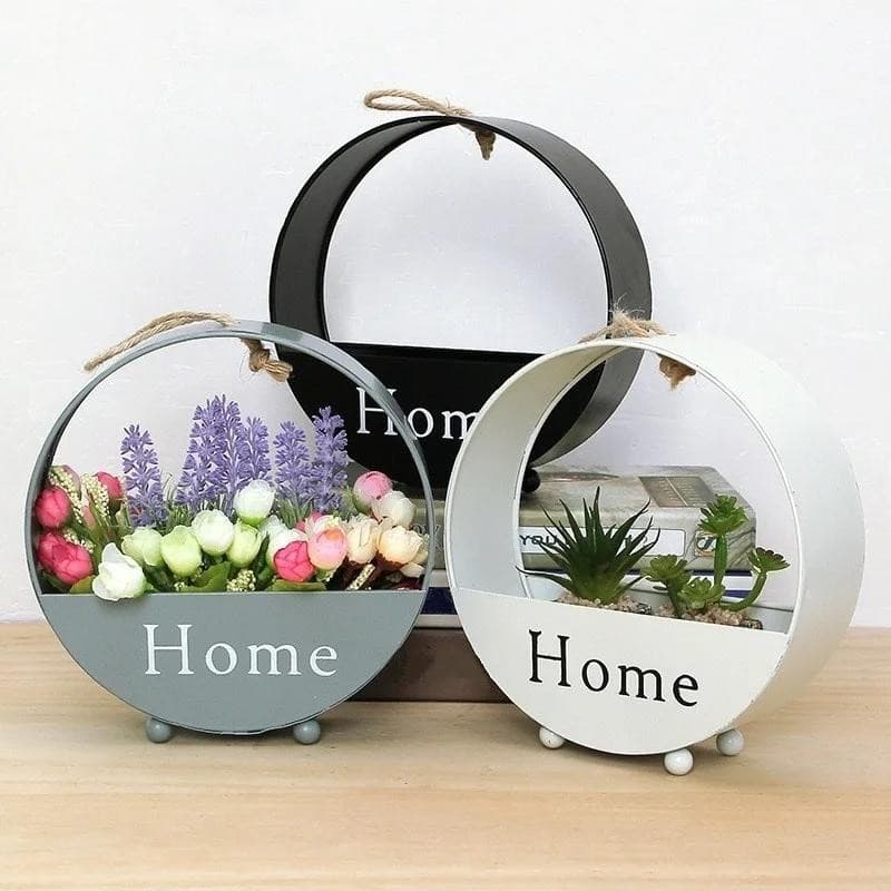 Novo Nórdico Ferro Forjado Parede Pendurado Cesta Floral Redondo Vaso De Flores Montagem Na