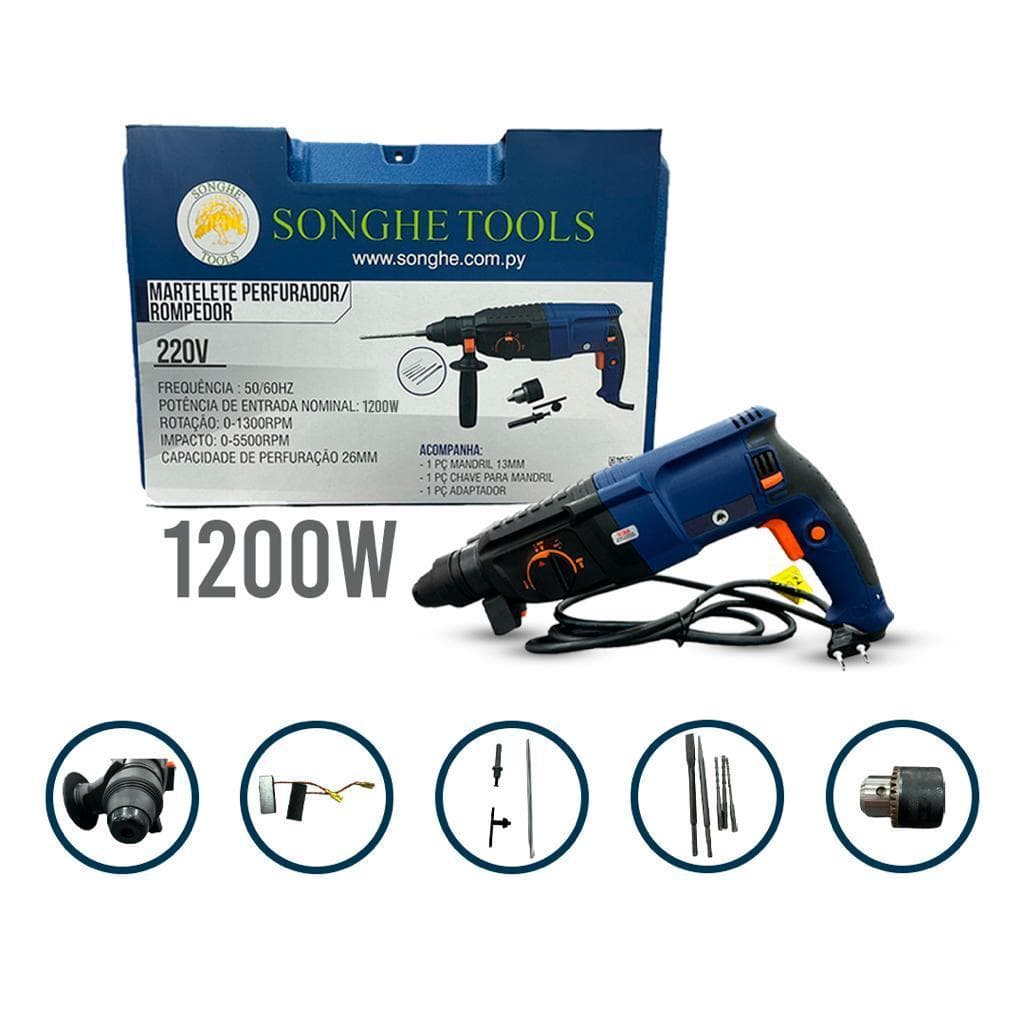 Martelete Perfurador Rompedor 1200w 3J SDS Plus Profissional Com Maleta Ponteira Talhadeira e Acessórios 12 peças