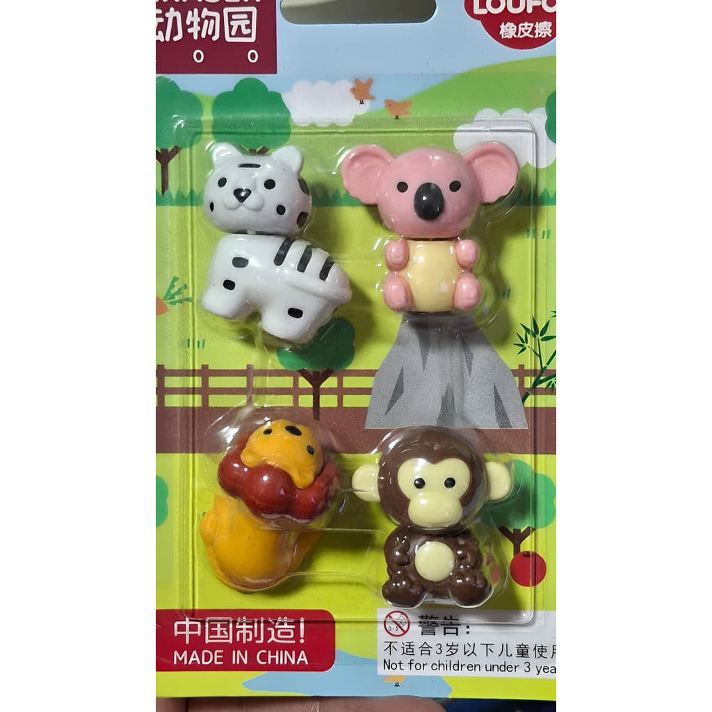 Kit De Borrachas Divertidas Animais Zoo C/ 04 Borrachas Escolar Tigre Koala Leão Macaco