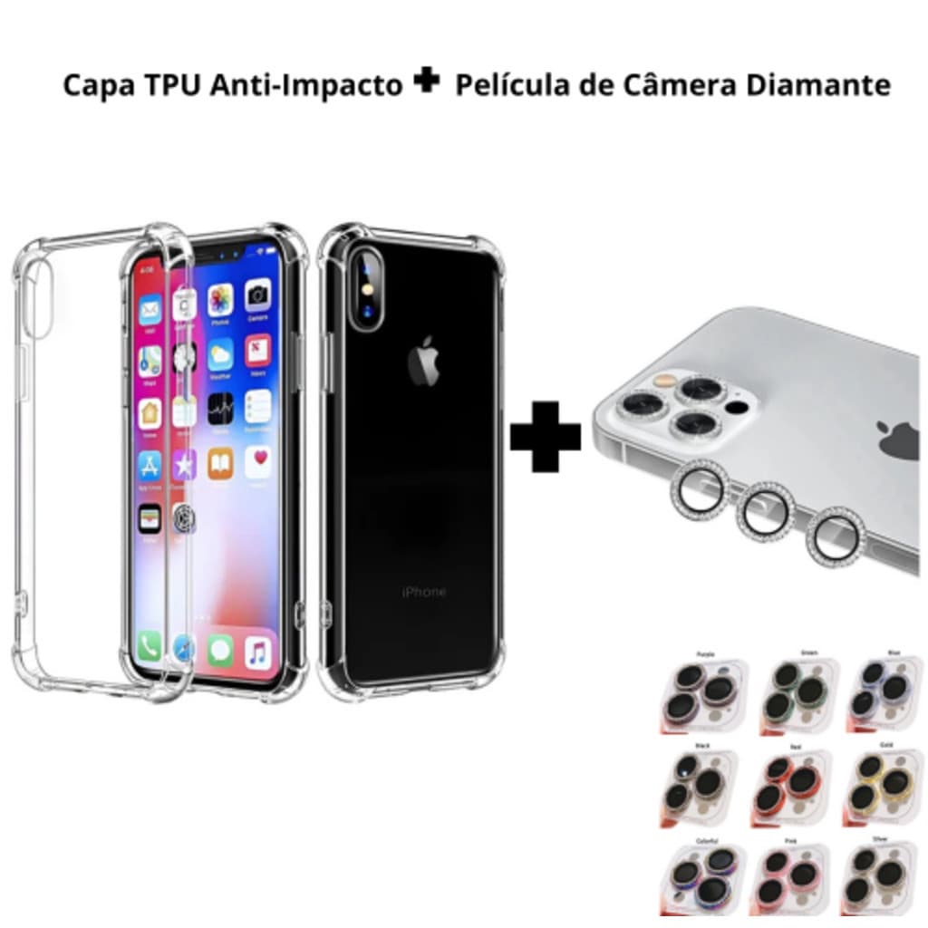 Kit Capa TPU Anti Impacto Transparente + Lente Câmera Diamante Compatível iPhone 11 12 13 14 15 Premium candy