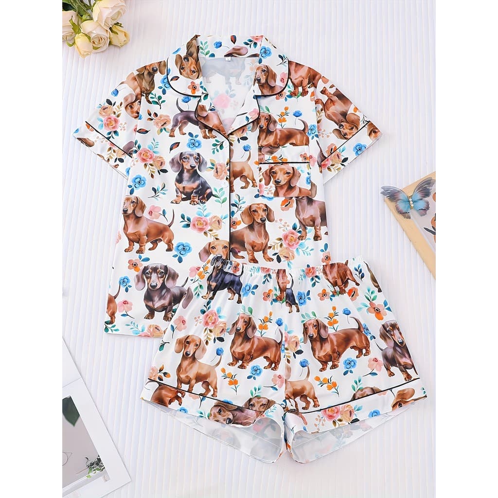 Conjunto de pijamas femininos com estampa de cachorrinho fofo, camisa de manga curta, Tops de lapela e botões, Shorts el