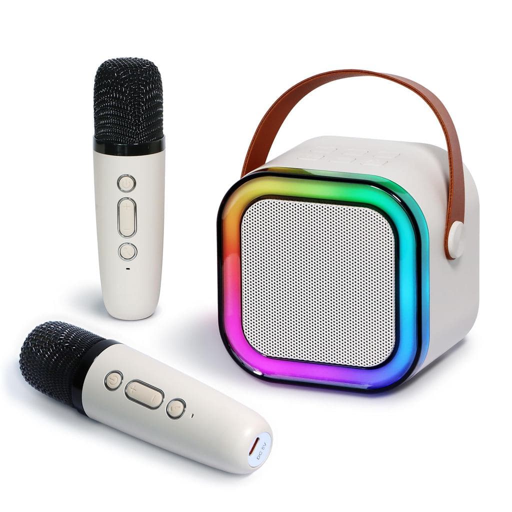 Pequeno portátil Bluetooth microfone karaoke caixa de som, Luzes LED dinâmicas embutidas, com 2 microfone sem fio, para