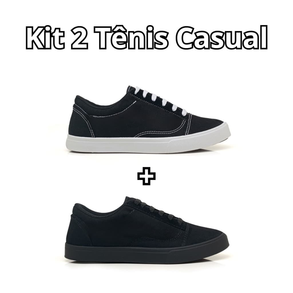 Kit 2 Pares Tênis Tradicional Casual Todo Preto Promoção